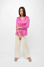 Elegant Peony Pink Satin V-Neck Top with Pearl Detailing - Image 5