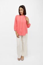 Women Coral Peach Mandarin Collar Button-Down Top - Image 6