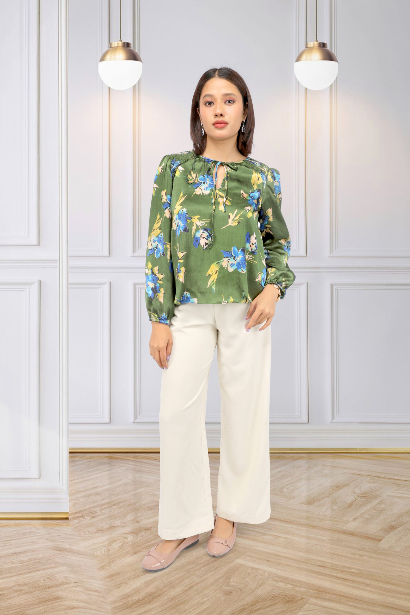 02 (1) Women’s Floral Printed Smocked Neck Top - Image 1