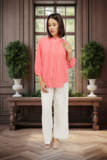 Women Coral Peach Mandarin Collar Button-Down Top - Image 5