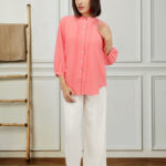 Women Coral Peach Mandarin Collar Button-Down Top