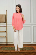 Women Coral Peach Mandarin Collar Button-Down Top