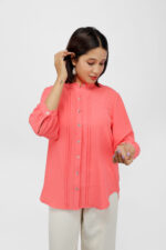 Women Coral Peach Mandarin Collar Button-Down Top - Image 4