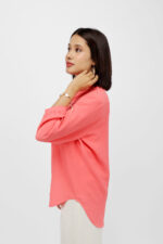 Women Coral Peach Mandarin Collar Button-Down Top - Image 3