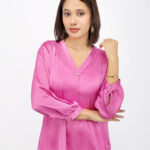 Elegant Peony Pink Satin V-Neck Top with Pearl Detailing
