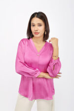 Elegant Peony Pink Satin V-Neck Top with Pearl Detailing