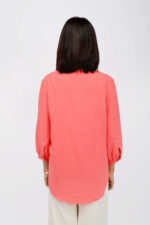 Women Coral Peach Mandarin Collar Button-Down Top - Image 2
