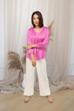 Elegant Peony Pink Satin V-Neck Top with Pearl Detailing - Image 4
