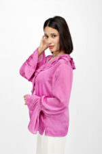 Elegant Peony Pink Satin V-Neck Top with Pearl Detailing - Image 3