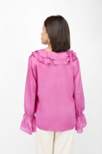 Elegant Peony Pink Satin V-Neck Top with Pearl Detailing - Image 2