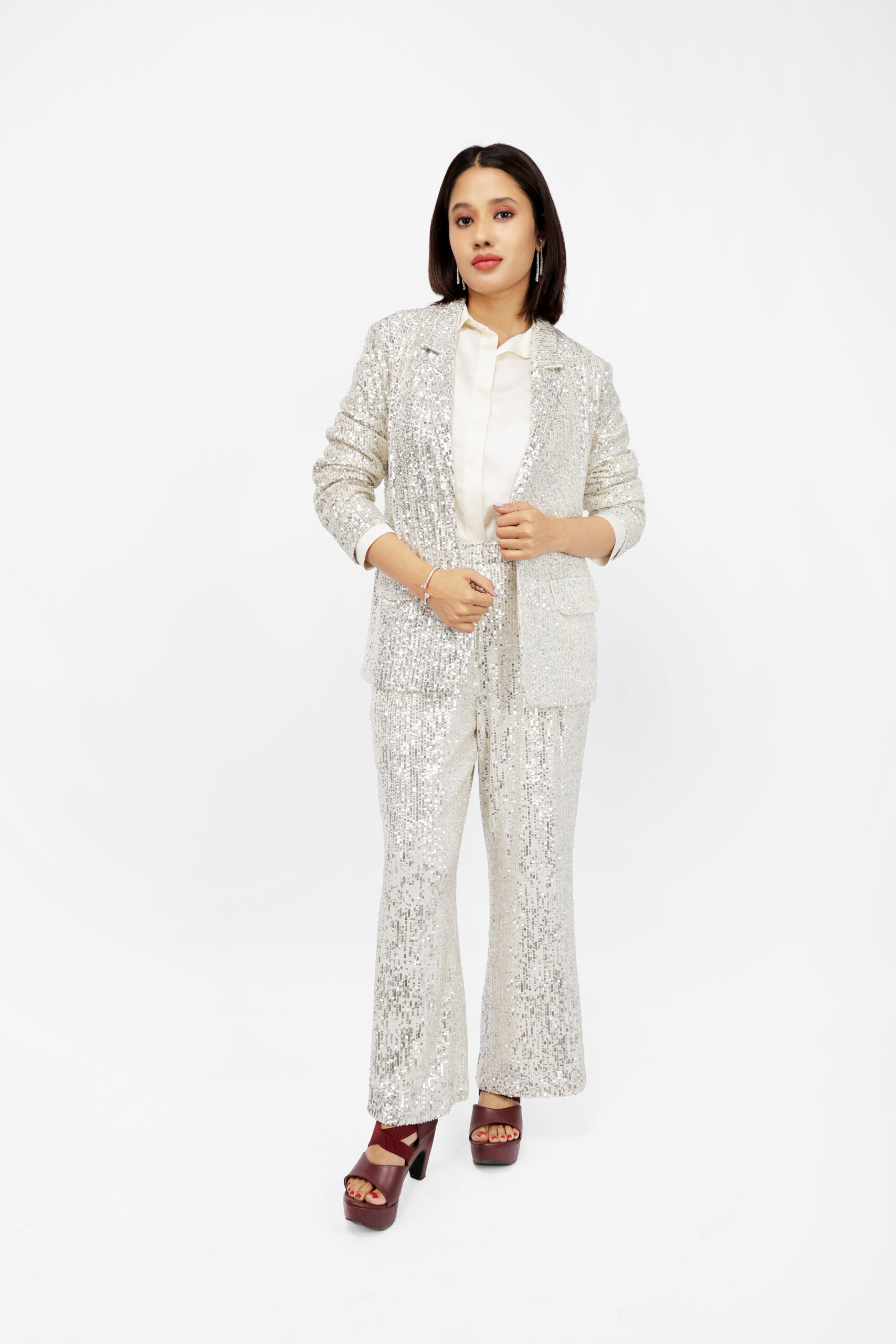 01 (22) Glam Champagne Sequin Co-Ord – Jacket & Flare Pants - Image 1