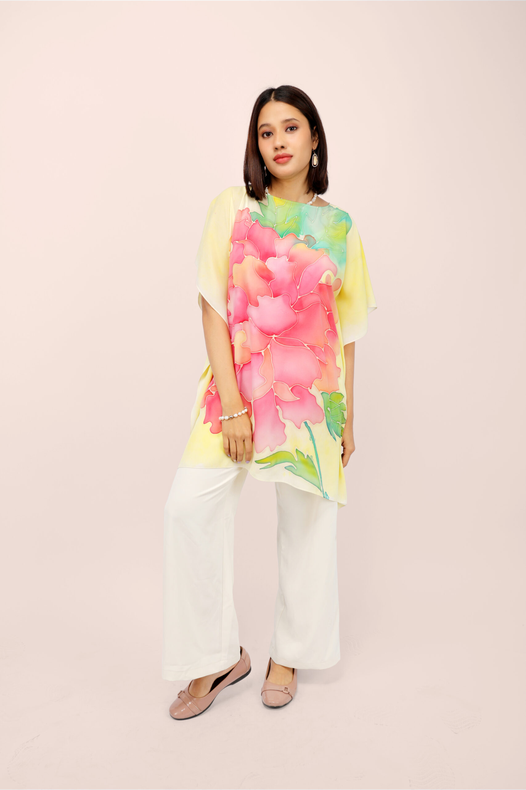 01 (23) Peony Bloom Hand-Painted Kaftan Top Yellow - Image 1