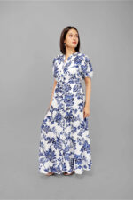 Elegant Blue Floral Maxi Dress White