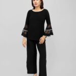 Black Bell Sleeve Co-ord Set with Rhinestone Trim – Elegant Top & Palazzo Set