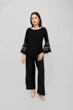 Black Bell Sleeve Co-ord Set with Rhinestone Trim – Elegant Top & Palazzo Set