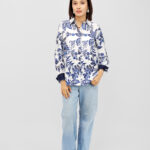 Classic White & Navy Blue Printed Shirt Top in Rayon Linen Blend