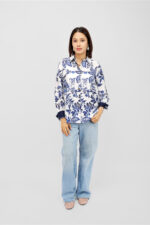Classic White & Navy Blue Printed Shirt Top in Rayon Linen Blend
