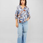 Women’s Blue & Brown Floral Printed Casual Top in 100% Rayon