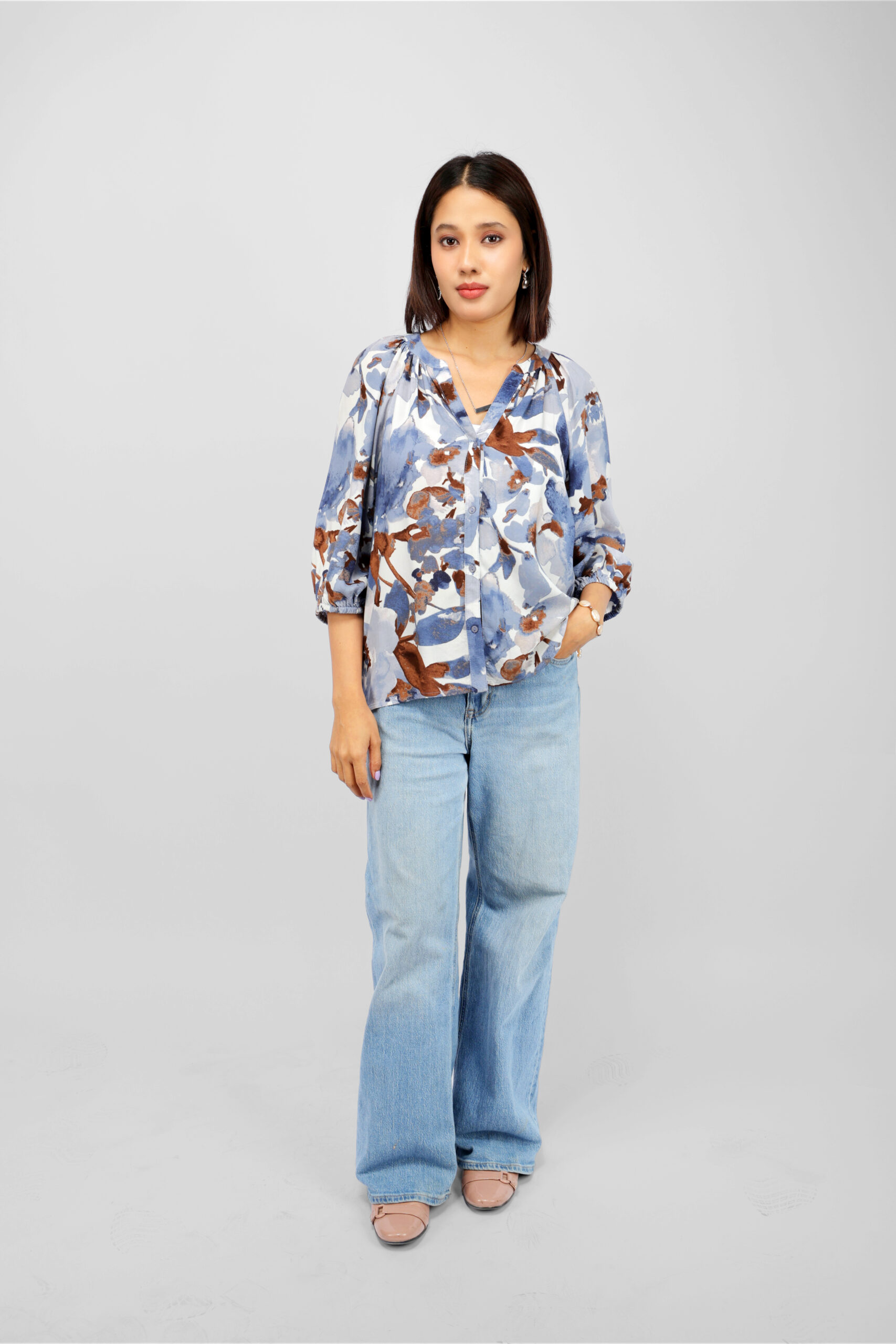 01 (36) Women’s Blue & Brown Floral Printed Casual Top in 100% Rayon - Image 1