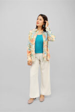 Women’s Multicolour Floral Abstract Printed Shirt Top with Gold Foil Finish