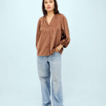 Women’s Chocolate Brown Satin Casual Top with V-Neck
