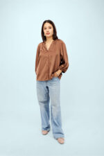 Women’s Chocolate Brown Satin Casual Top with V-Neck