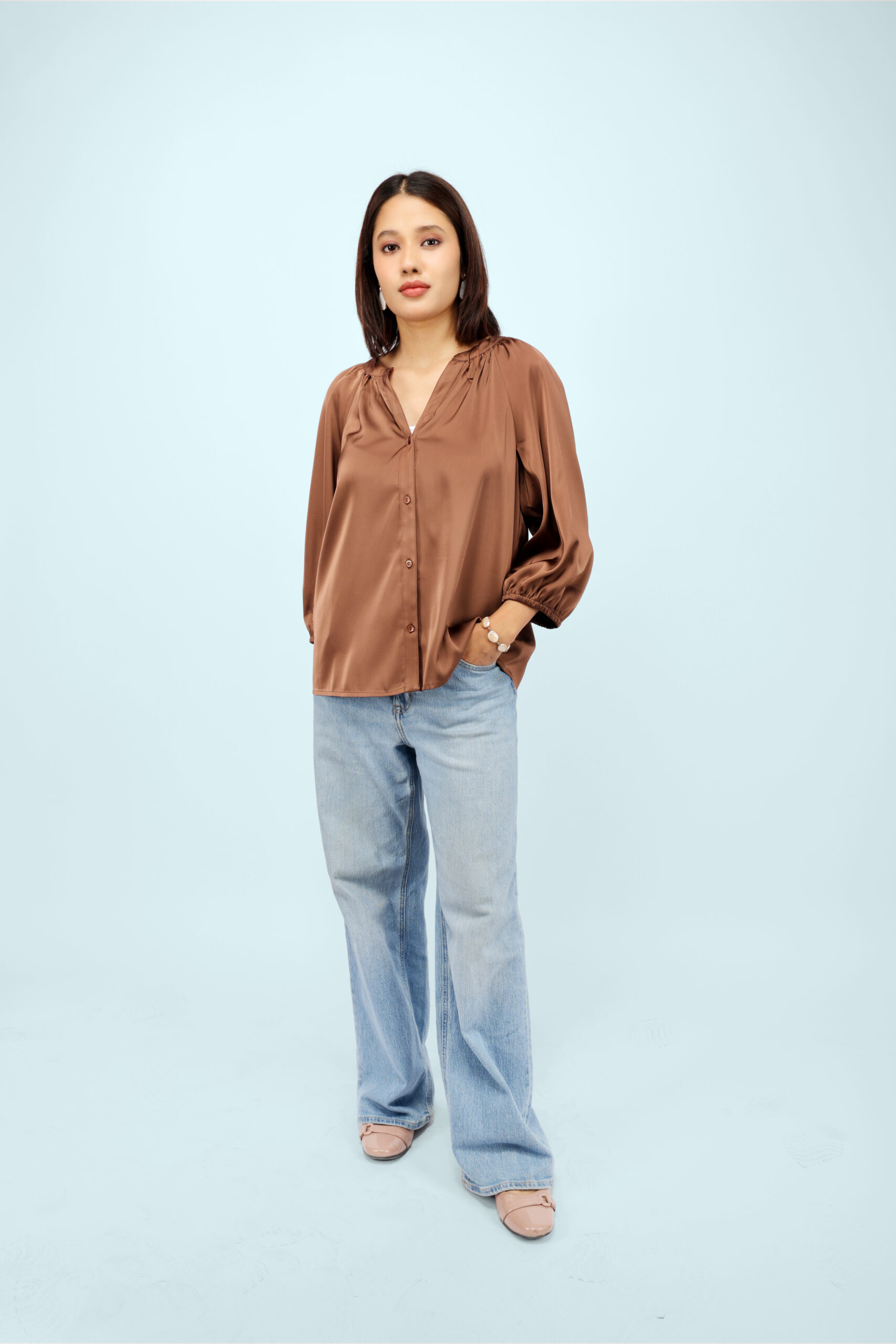 01 (38) Women’s Chocolate Brown Satin Casual Top with V-Neck - Image 1