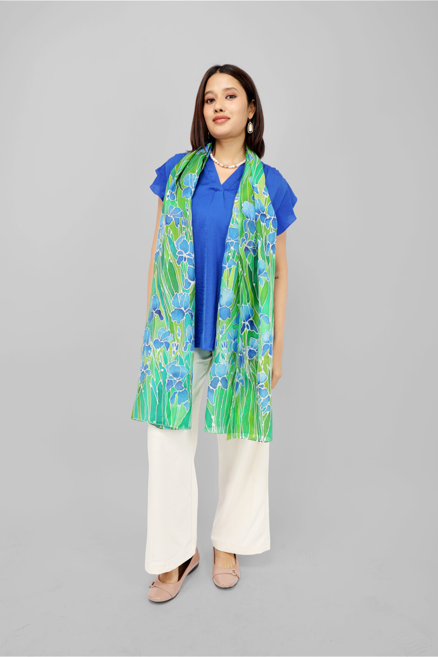 01 (57) Floral Iris Hand-Painted Silk Stole 2 Meter Scarf - Image 1