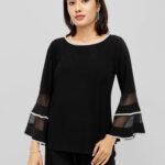 Black Bell Sleeve Top with Silver Rhinestones