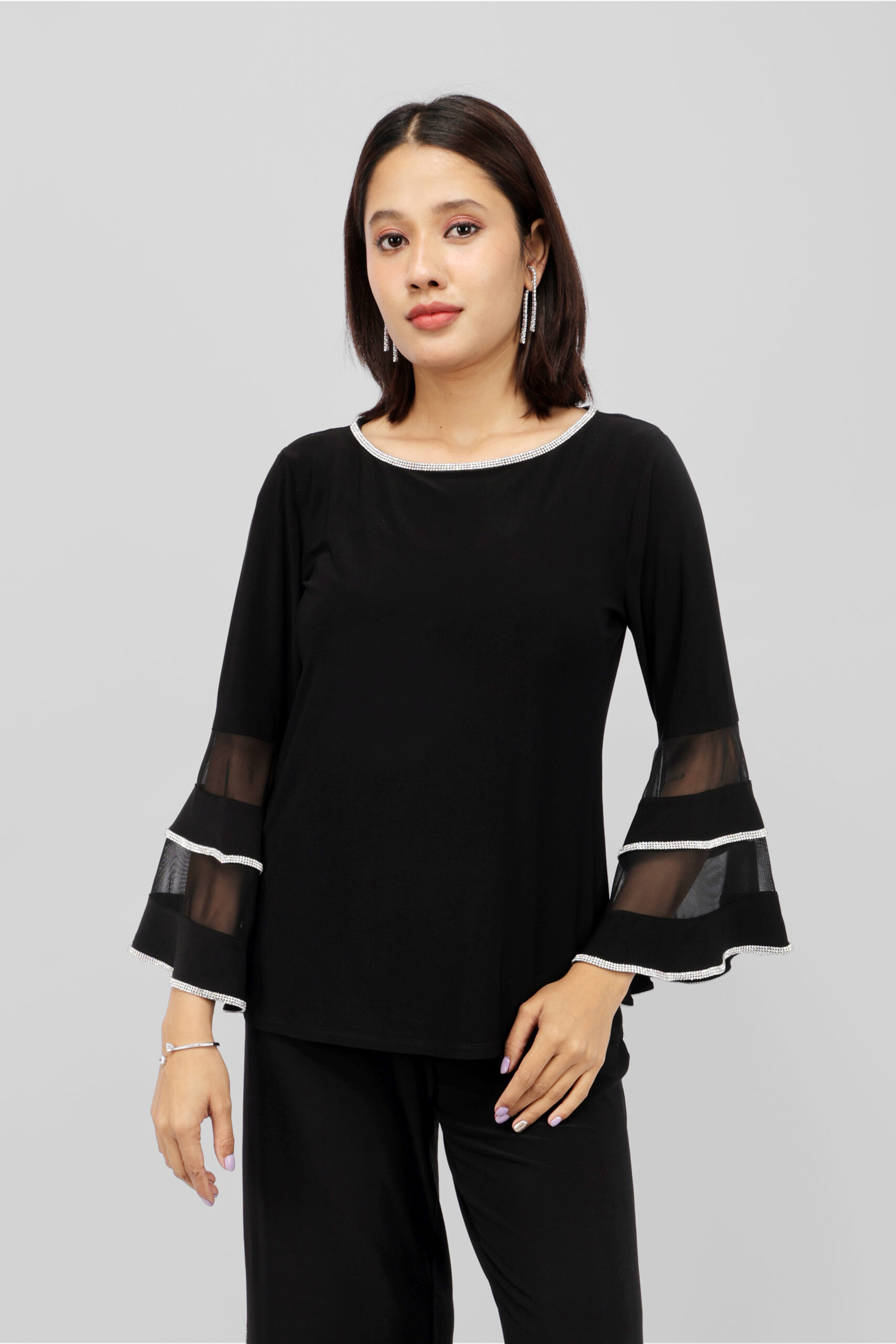 02 (11) Black Bell Sleeve Top with Silver Rhinestones - Image 1