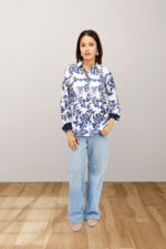 Classic White & Navy Blue Printed Shirt Top in Rayon Linen Blend - Image 2