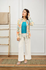 Women’s Multicolour Floral Abstract Printed Shirt Top with Gold Foil Finish - Image 2