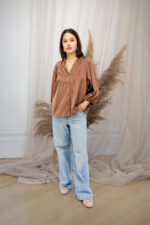 Women’s Chocolate Brown Satin Casual Top with V-Neck - Image 2