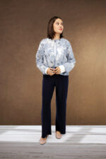 Women’s Navy Blue Straight Palazzo Pants with Silver Side Slit Detail - Image 4