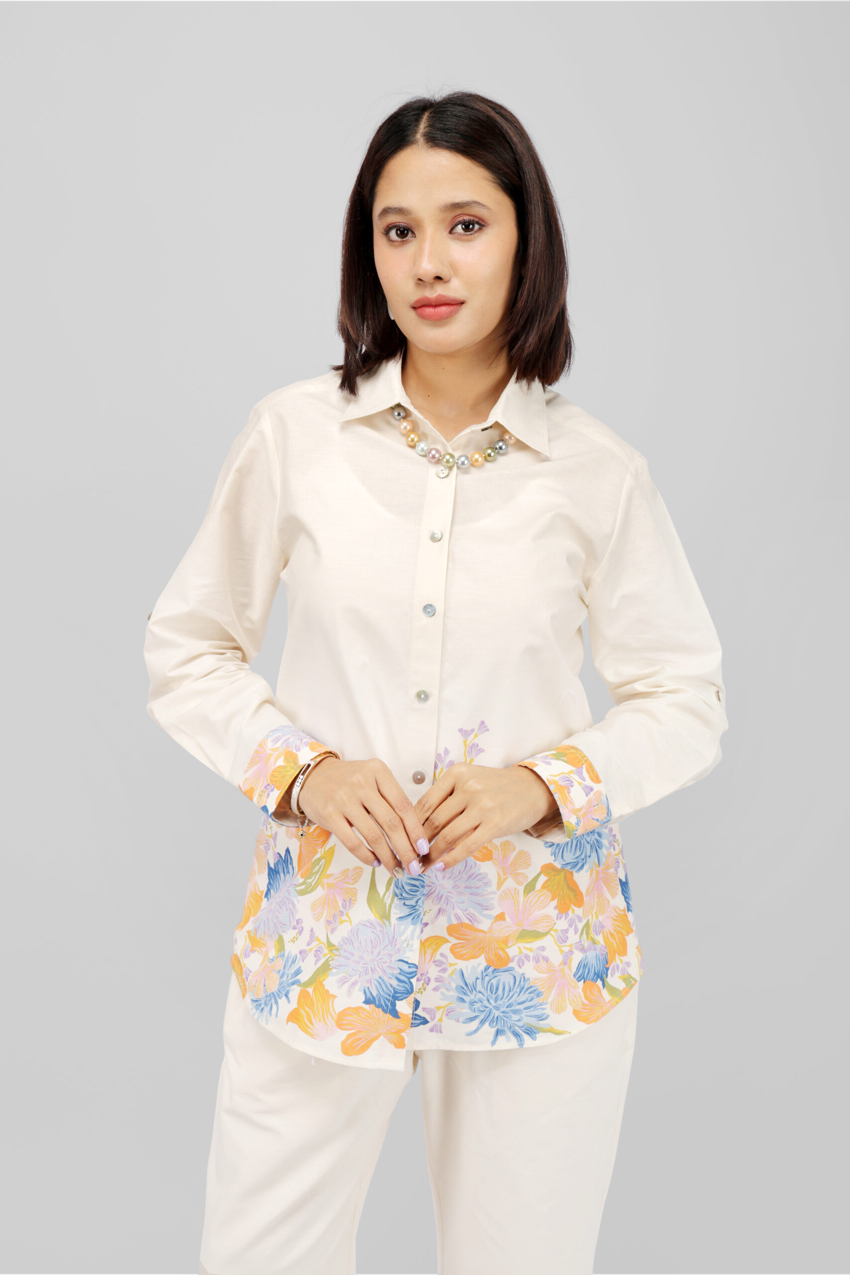 03 (12) Floral Printed Casual Blouse – Cream Base with Multicolor Elegance - Image 1