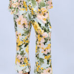 Women’s Sky Blue Floral Printed Satin Ankle-Length Trousers