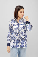 Classic White & Navy Blue Printed Shirt Top in Rayon Linen Blend - Image 3