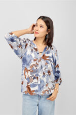 Women’s Blue & Brown Floral Printed Casual Top in 100% Rayon - Image 3