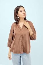 Women’s Chocolate Brown Satin Casual Top with V-Neck - Image 3