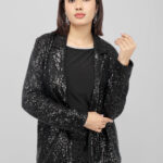 Women’s Black Sequin Open-Front Party Jacket with Collared Neck