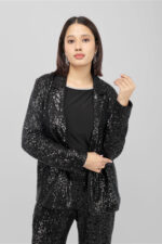 Women’s Black Sequin Open-Front Party Jacket with Collared Neck