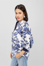 Classic White & Navy Blue Printed Shirt Top in Rayon Linen Blend - Image 4