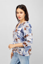 Women’s Blue & Brown Floral Printed Casual Top in 100% Rayon - Image 4
