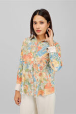 Women’s Multicolour Floral Abstract Printed Shirt Top with Gold Foil Finish - Image 4