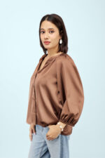 Women’s Chocolate Brown Satin Casual Top with V-Neck - Image 4