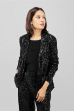 Women’s Black Sequin Open-Front Party Jacket with Collared Neck - Image 2
