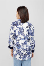 Classic White & Navy Blue Printed Shirt Top in Rayon Linen Blend - Image 5