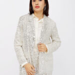 Women’s Champagne Sequin Open-Front Party Jacket with Collared Neck