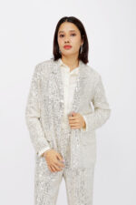 Women’s Champagne Sequin Open-Front Party Jacket with Collared Neck
