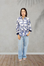 Classic White & Navy Blue Printed Shirt Top in Rayon Linen Blend - Image 6